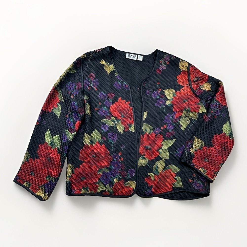 Chicos Design Jacket‎ Blazer Women's Large Floral Silk Woven Open Long Sleeves
